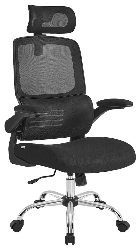 Cadeira de escritório SONGMICS, cadeira de mesa, ergonômica, braços dobráveis, encosto alto, cadeira de malha com apoio lombar e apoio de cabeça ajustável, função de balanço, tinta preta OBN040B01