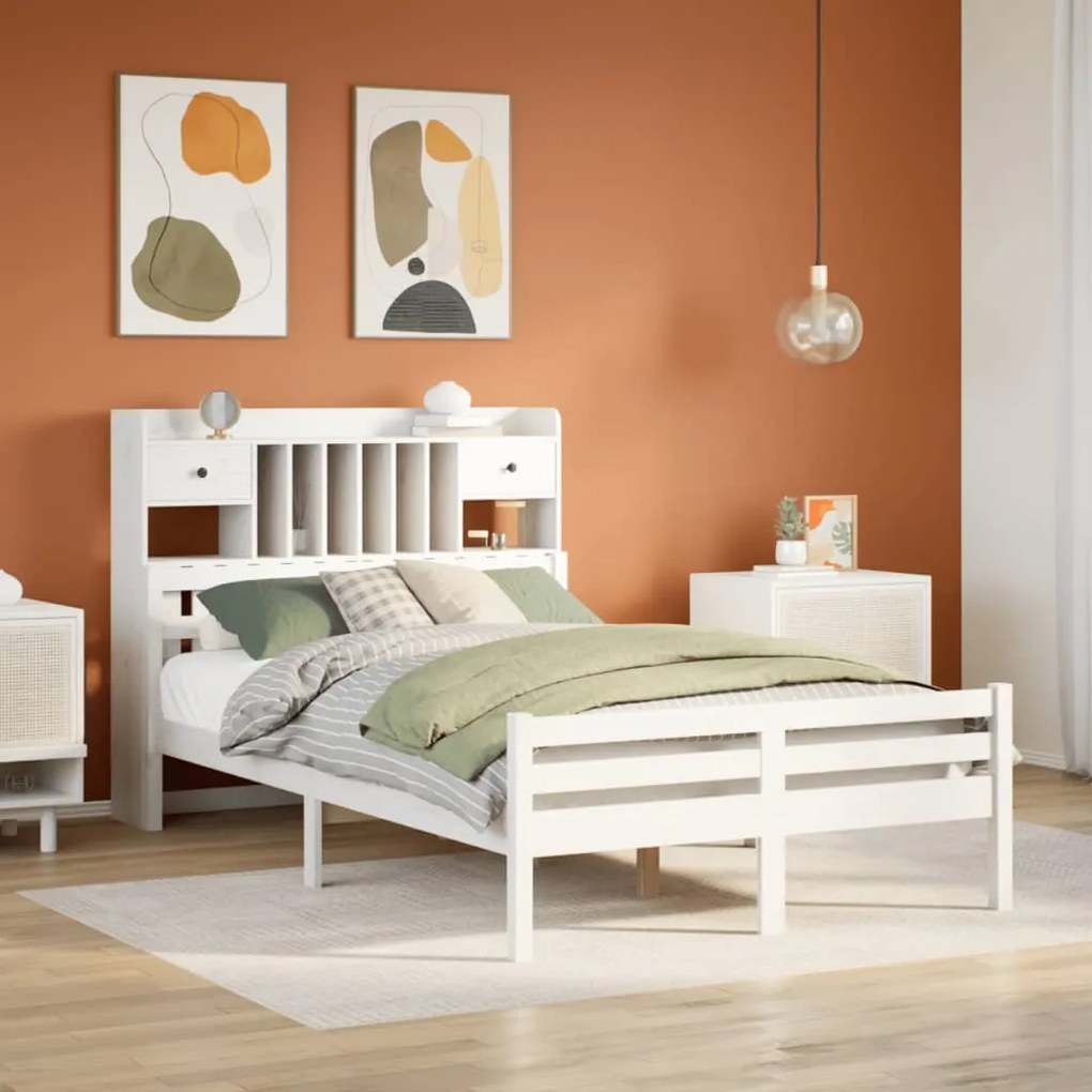 Cama com estante sem colchão 135x190 cm pinho maciço branco