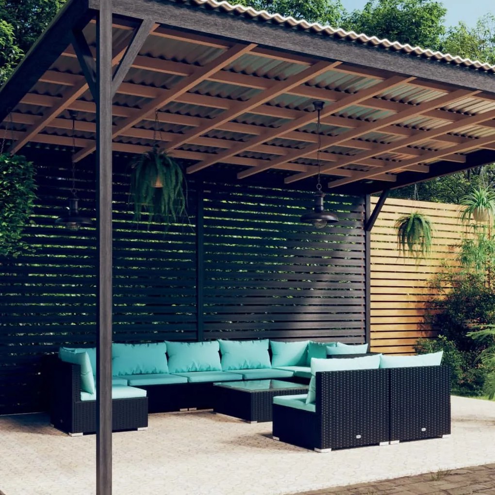 vidaXL 10 pcs conjunto lounge de jardim c/ almofadões vime PE preto