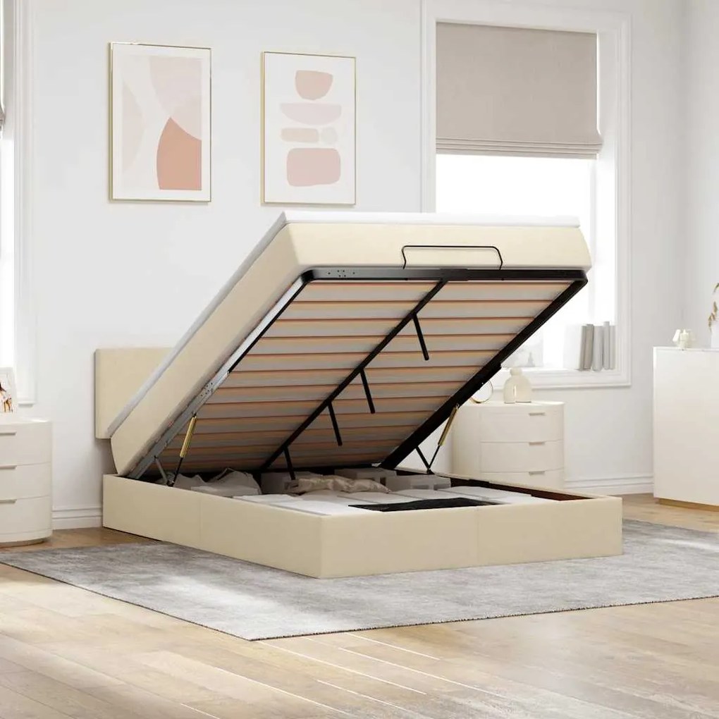 vidaXL Cama Otomana com Colchão &amp; LEDs Creme 140x200 cm Tecido