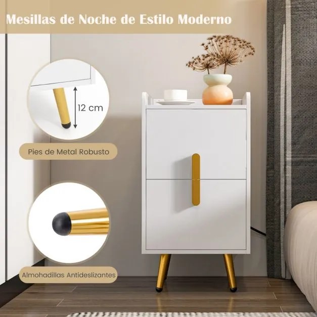 Mesinha de cabeceira, Mesa apoio 40 x 32 x 60 cm com 2 gavetas com estação de carregamento, pés de metal Branca