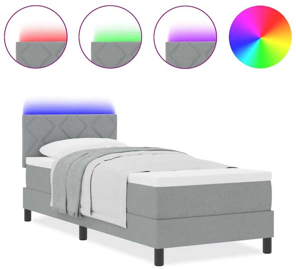 Cama Box com Colchão e LED Cinza Claro 80x200 cm Tecido
