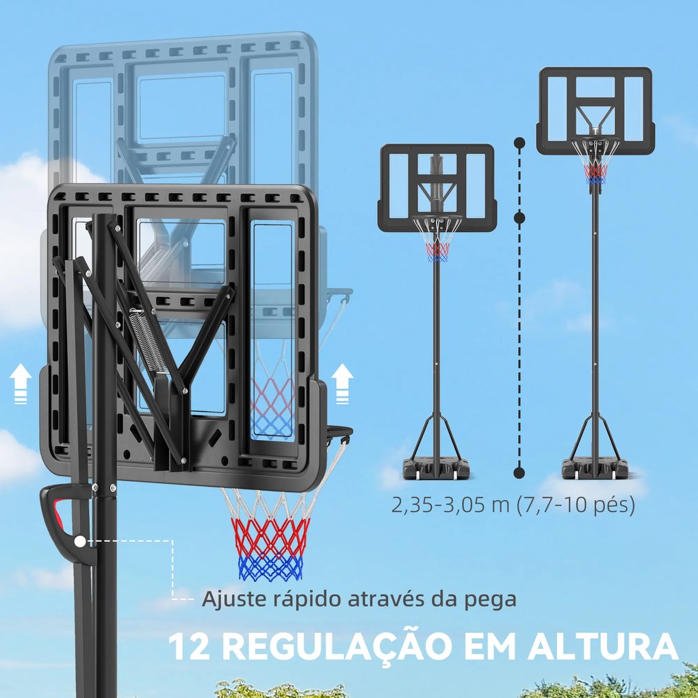 Cesto de Basquetebol de Exterior com Altura Ajustável Suporte Rodas Base Recarregável e Bolsa de Peso 90x60x305 cm Preto