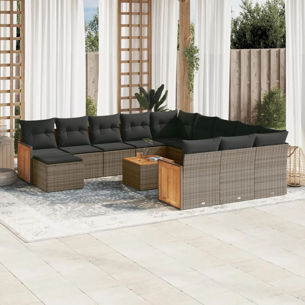 13 pcs conjunto sofás p/ jardim c/ almofadões vime PE cinzento