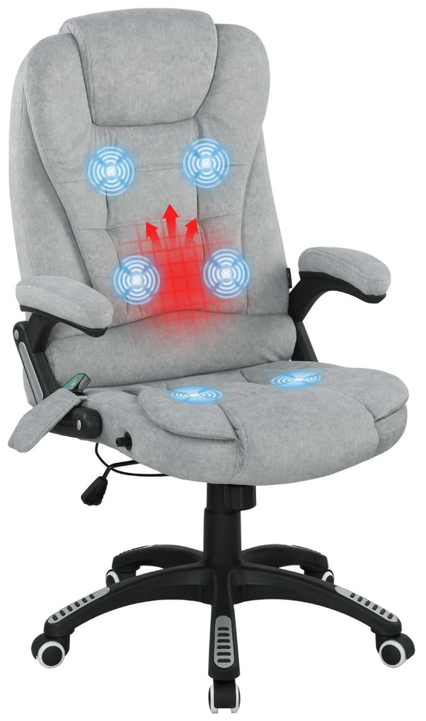 Vinsetto Cadeira de Massagem com 6 Pontos de Massagem Cadeira de Escritório Reclinável até 125° com Função de Aquecimento Altura Ajustável e Rodas para Estúdio 65x71x110-120 cm Cinza
