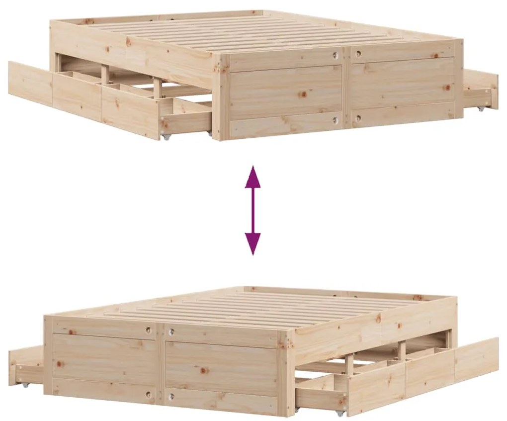 Cama sem colchão com gavetas 140x190 cm madeira de pinho maciça