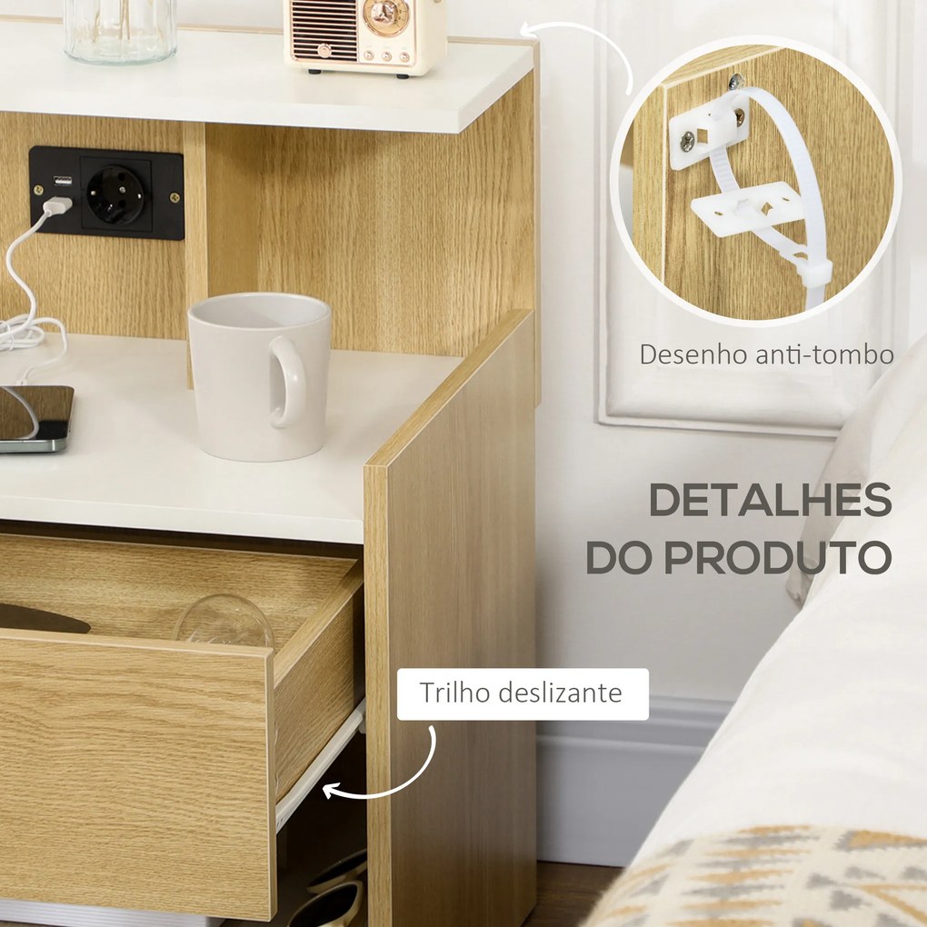 Mesa de Cabeceira Moderna Mesa de Cabeceira com Entrada USB Tomada Elétrica Gaveta e Prateleiras 40x40x60 cm Madeira