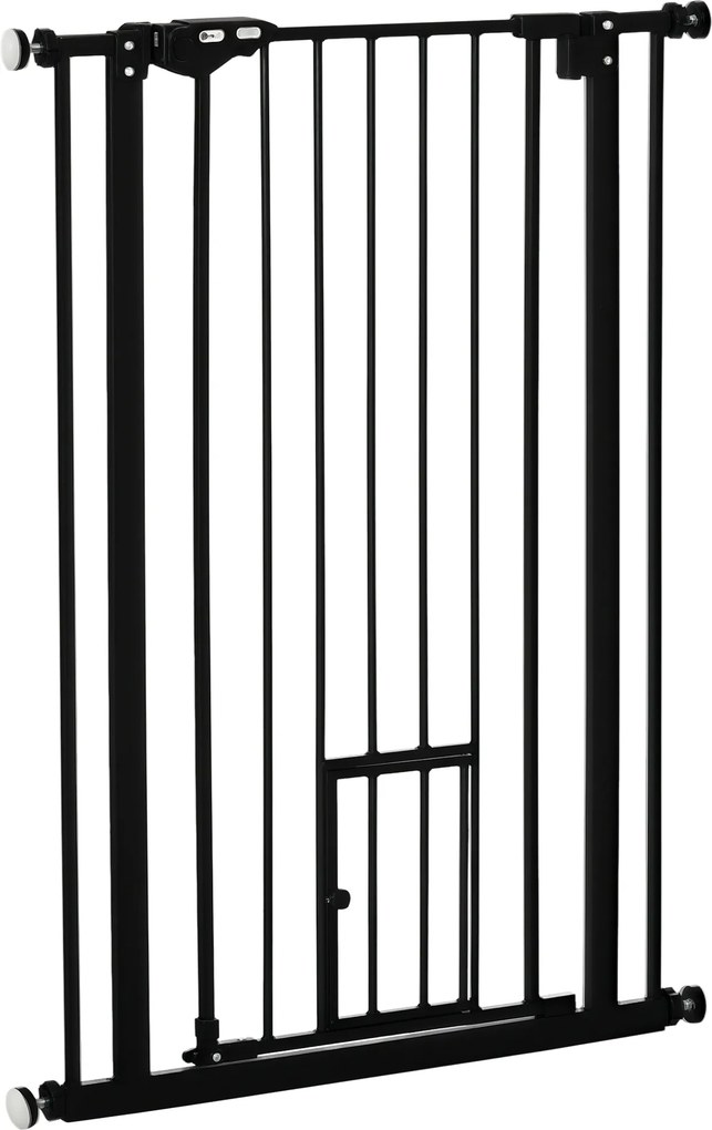Barreira de segurança para animais com 104 cm de altura com porta para gatos, fecho automático e sistema de dupla travagem, ajustável de 74 a 80 cm, e