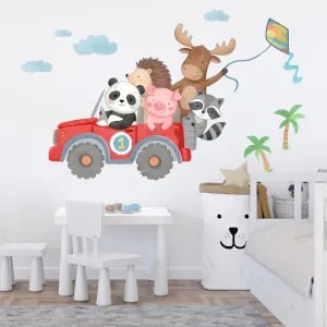 Autocolante de parede para crianças - Carro todo-o-terreno com animais