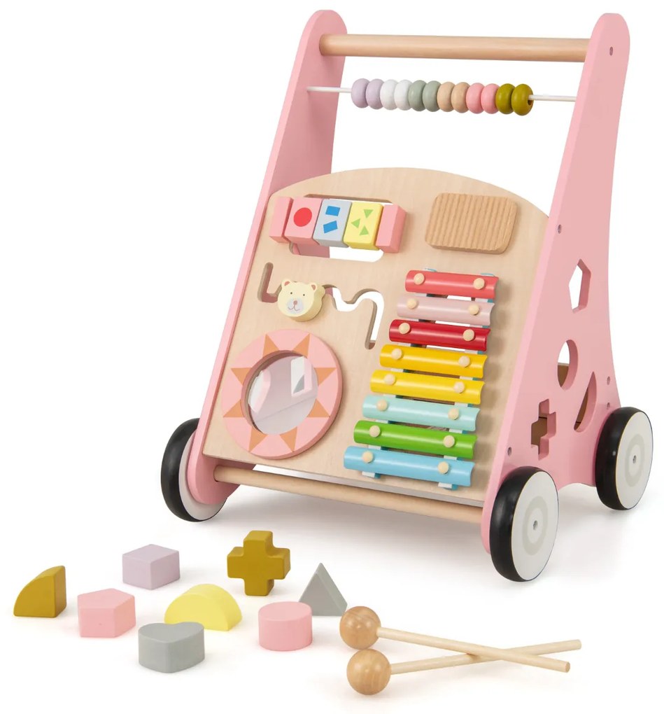Andarilho de Bebé em Madeira Brinquedo Educativo de Atividade em Madeira com Rodas de Borracha Aprender a Andar para Bebés Rosa
