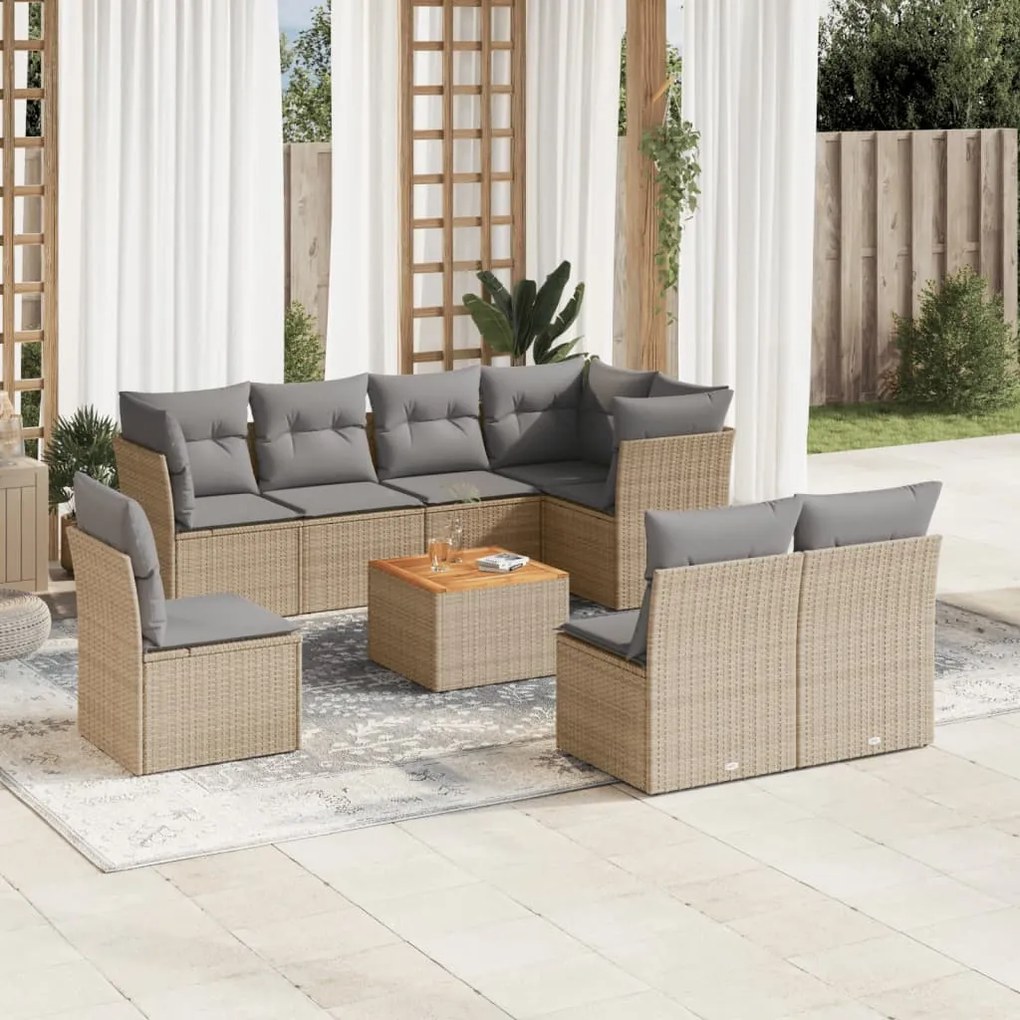 vidaXL 9 pcs conjunto de sofás p/ jardim com almofadões vime PE bege