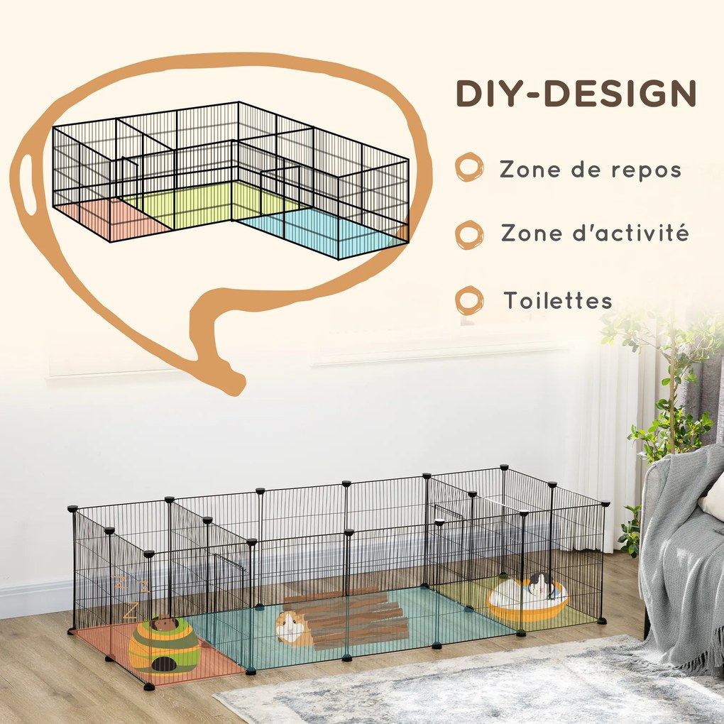 Recinto modular para pequenos animais (coelhos, roedores, cachorrinhos) – 18 painéis de arame de aço, 2 portas, 175 x 70 x 45, preto