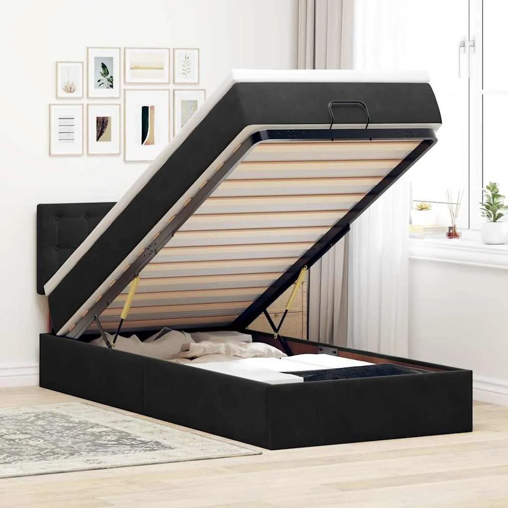 Estrutura de cama otomana com colchão preto 80x200cm veludo