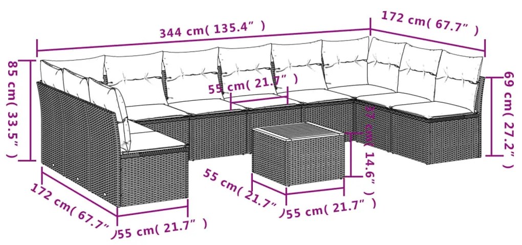 11 pcs conjunto sofás de jardim c/ almofadões vime PE cinzento