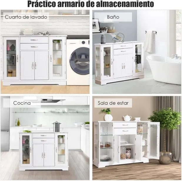 Aparador com Portas de Vidro Temperado com 2 Gavetas Organizador de Cozinha para Cozinha Jantar Sala de Estar 107 x 30 x 82 cm Branco