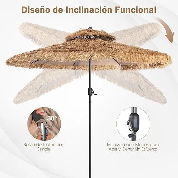 Guarda-sol havaiano de 2,47 m em palha PE dobrável com teto duplo SEM BASE Natural
