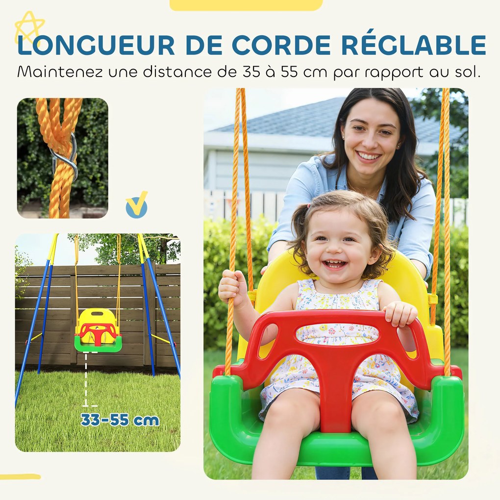 Estrutura de Baloiço Infantil 3-em-1, 128 x 155 x 157 cm, Assento Ajustável, Multicolor
