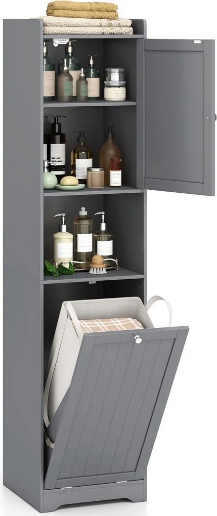 Armário de banho com prateleira ajustável e saco de roupa suja com alças longas e curtas para banheiro 40 x 40 x 170 cm cinza