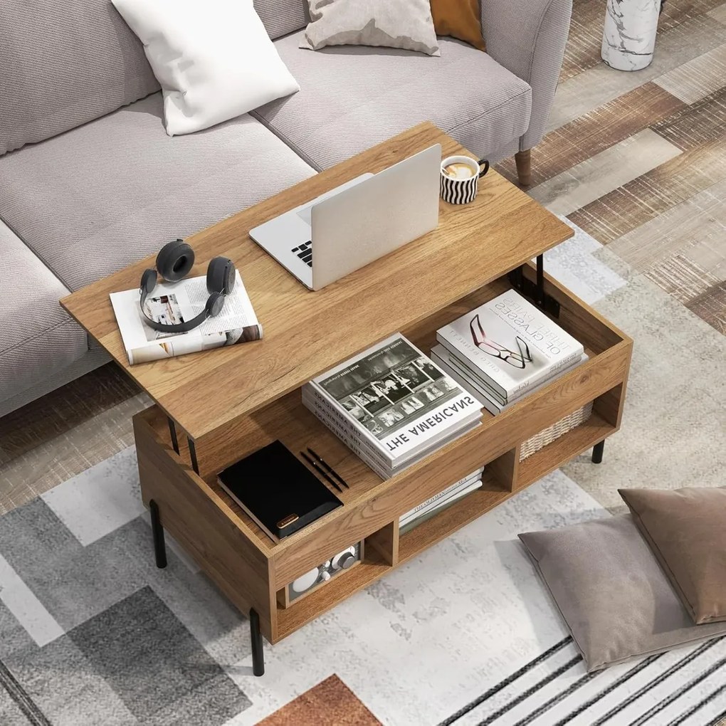 Mesa de centro com tampo elevável 100 x 50 x 45 cm, pernas de metal, compartimento oculto e 3 compartimentos abertos natura