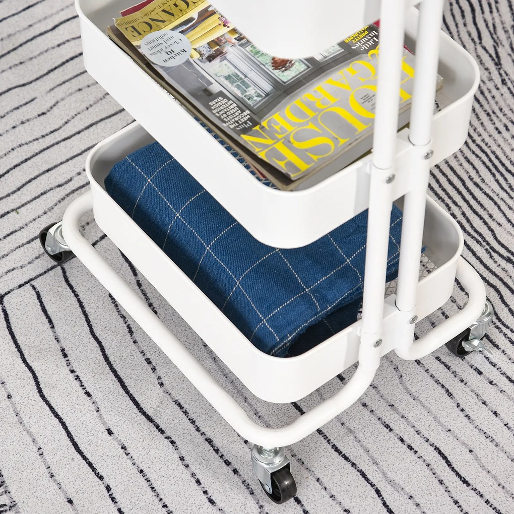 HOMCOM Carrinho Auxiliar de 3 Níveis com Rodas e 3 Prateleiras de Malha Metálica Carga de 20kg Branco 44x36x83cm