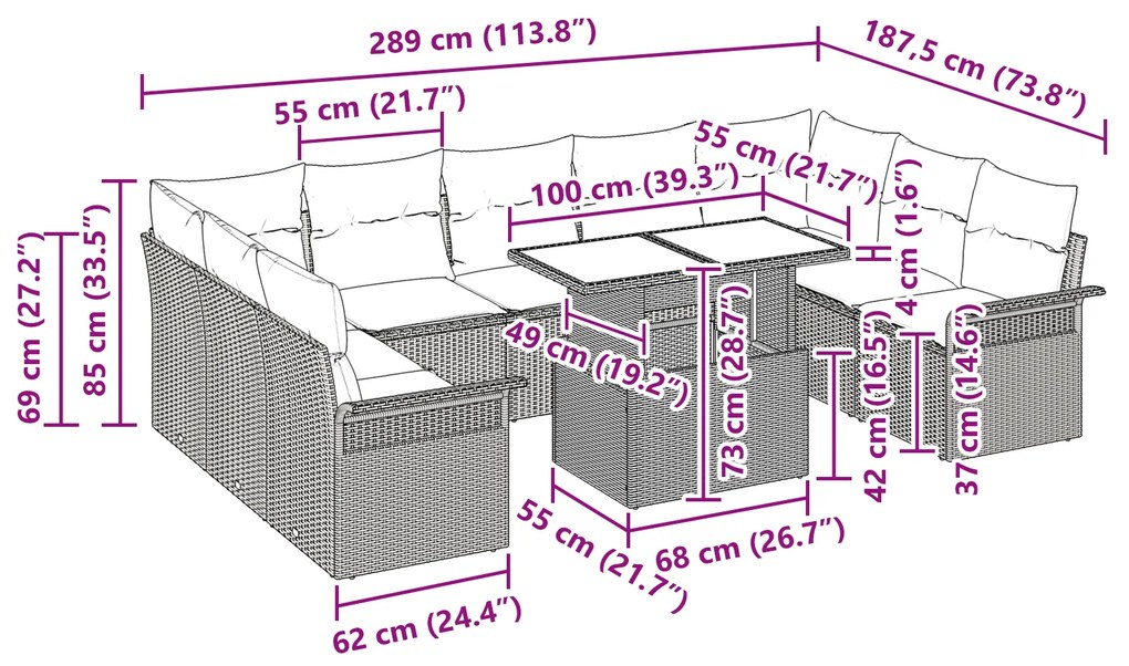 Conjunto de Sofá de Jardim de 10 Peças com Almofadas Preto Vime PE