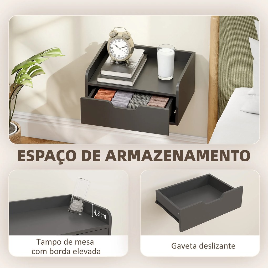 Conjunto de 2 Mesas de Cabeceira de Parede Flutuantes com 1 Gaveta para Quarto 40x30x19,5 cm Preto