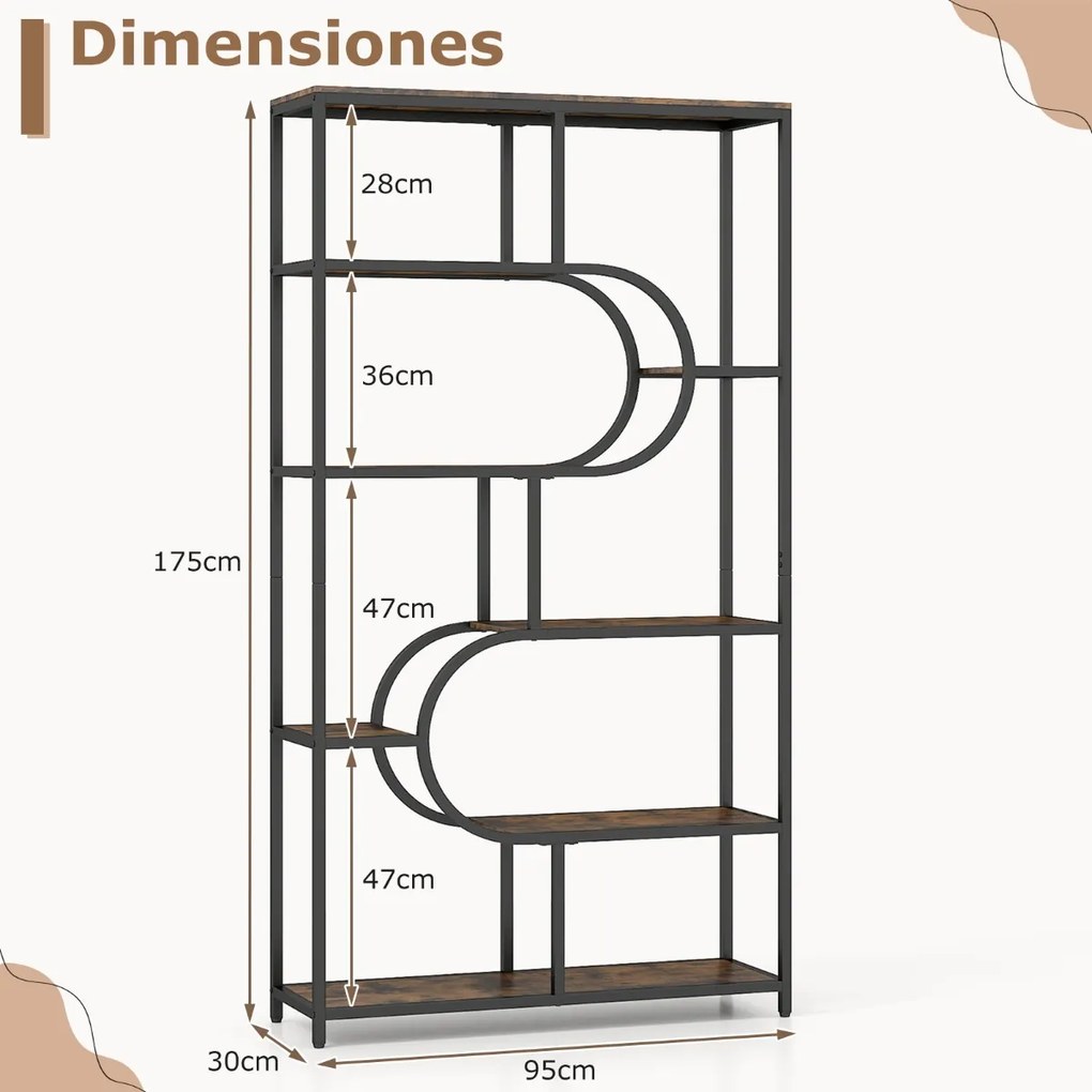 Estante de 8 prateleiras abertas 95 x 30 x 175 cm Design em forma de U Estrutura metálica castanho