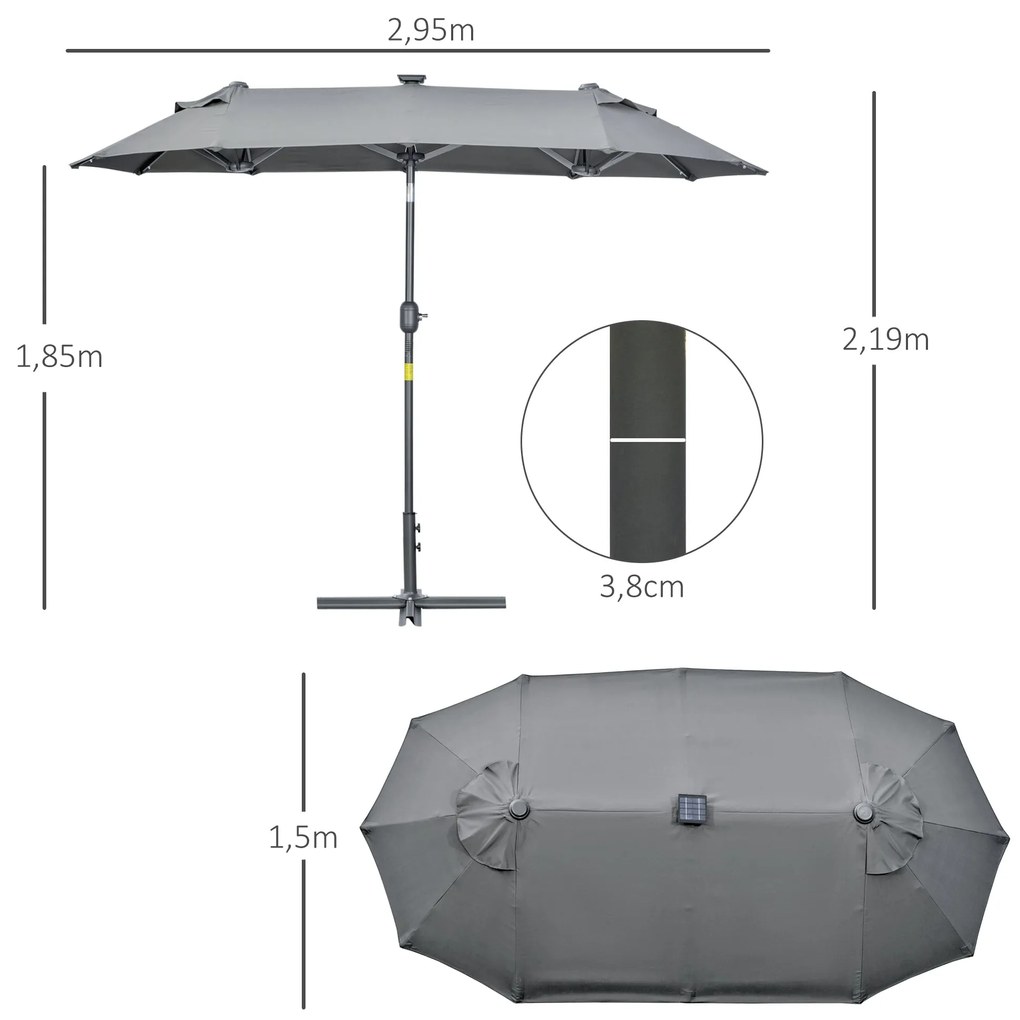 Chapéu de Sol Duplo 295x150x219 cm Chapéu de Sol de Jardim com Luzes L