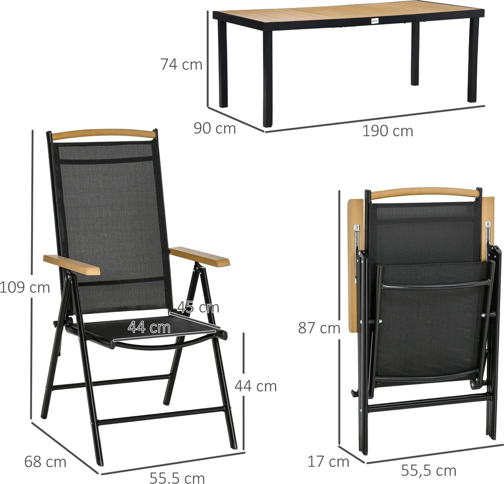 Conjunto de jardim para 6 pessoas, estrutura em alumínio, mesa de 190 cm, 6 cadeiras dobráveis e reclináveis, preto