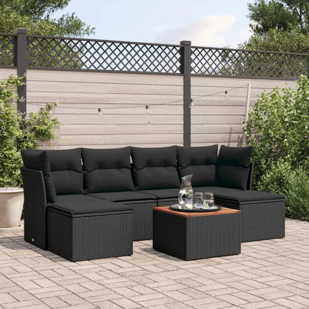 7 pcs conjunto de sofás p/ jardim c/ almofadões vime PE preto