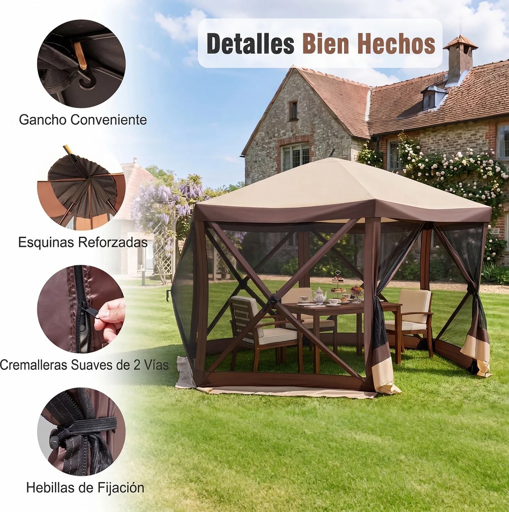Tenda de Jardim Hexagonal Dobrável, 300 x 258 x 230 cm, Montagem Rápida, Castanho