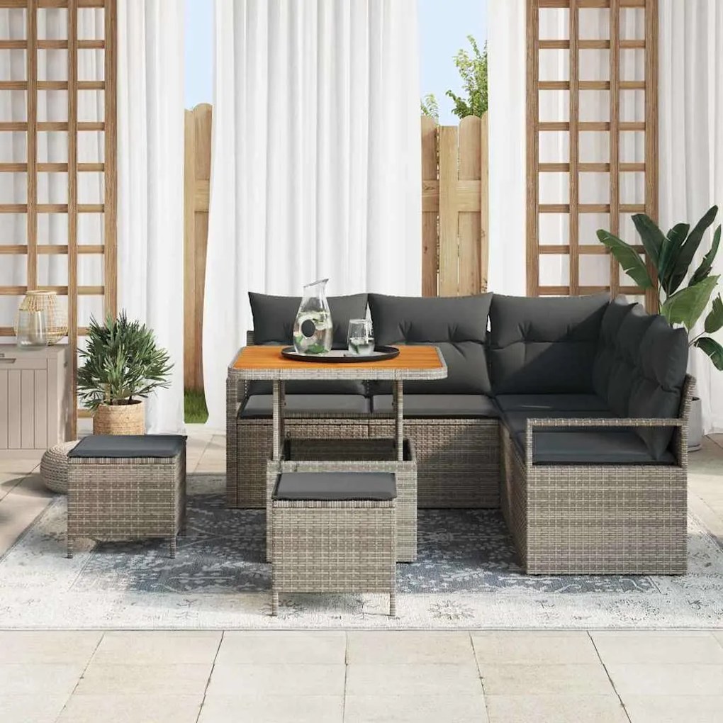 Conjunto de Sofá de Jardim 8 Peças com Almofadas Cinza em Polirattan e