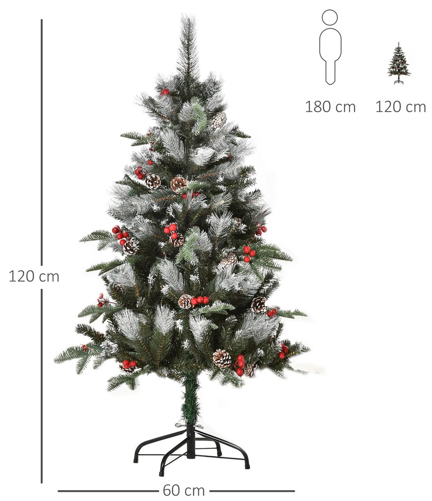 Árvore de Natal Artificial 120cm com 239 Ramas 27 Pinhas e 27 Frutinhas Folhas de PVC PE Base Dobrável e Suporte Metálico Decoração de Natal para Inte