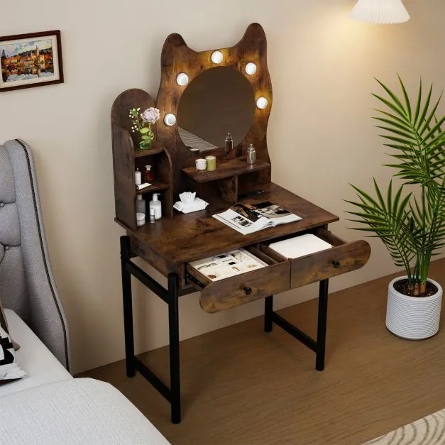 Toucador com espelho e luzes 80 x 50 x 150 cm em forma de gatinho com 3 modos de iluminação e brilho ajustável e 2 gavetas Castanho