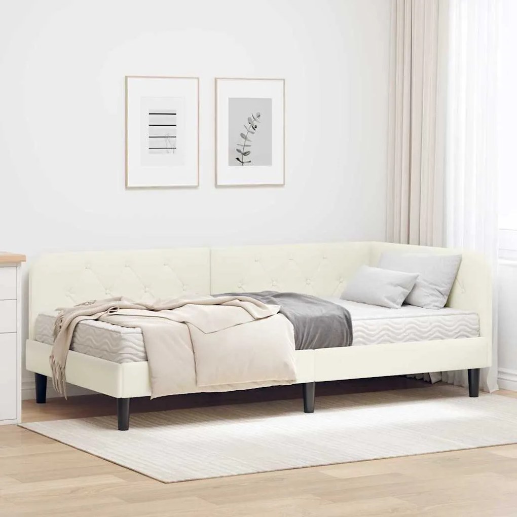 vidaXL Estrutura de Cama de Canto com colchão Creme 90 x 190 cm Veludo