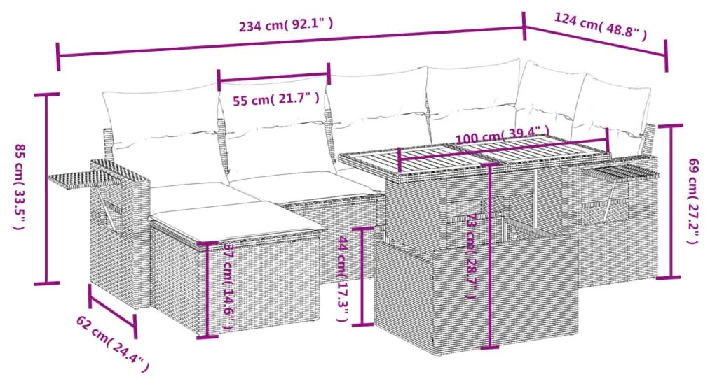 7 pcs conjunto de sofás p/ jardim c/ almofadões vime PE preto