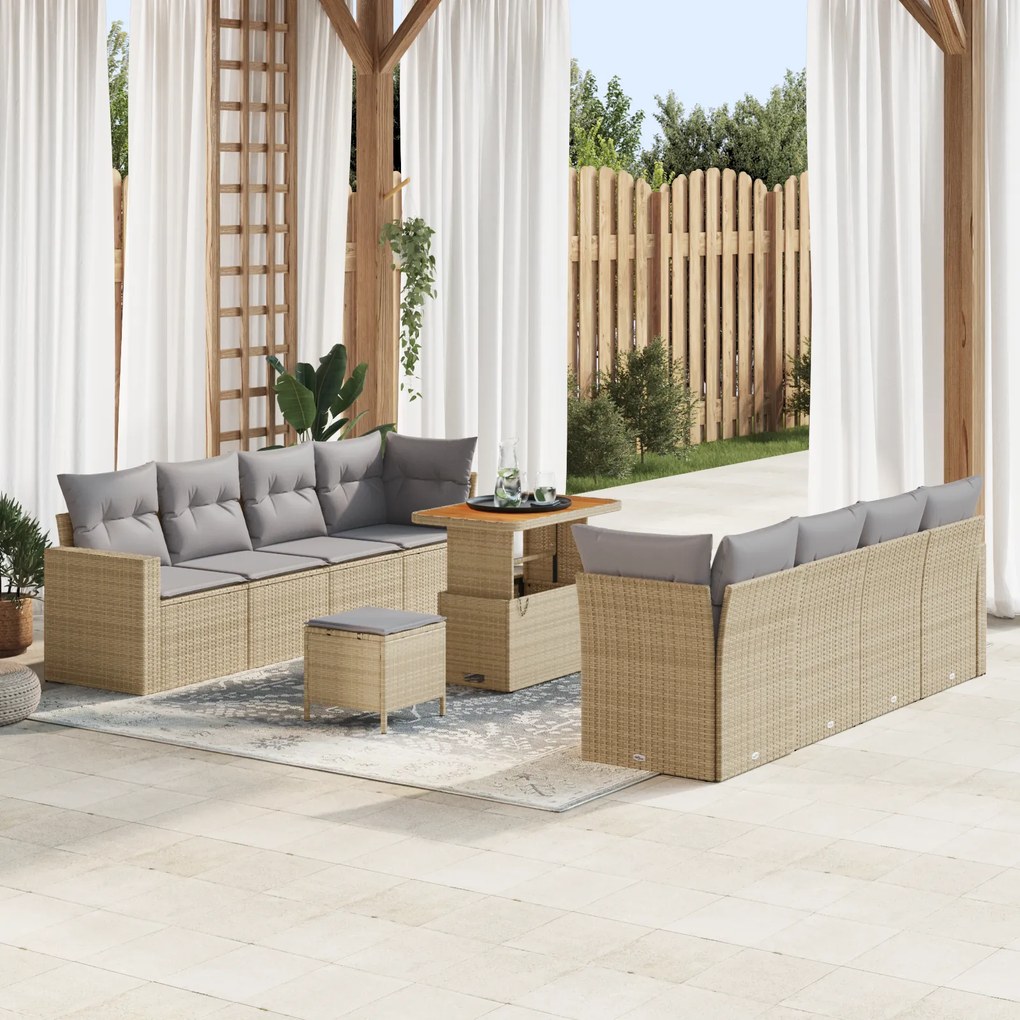 Conjunto de Sofá Jardim de 11 Peças com Almofadas Bege em Polyrattan A