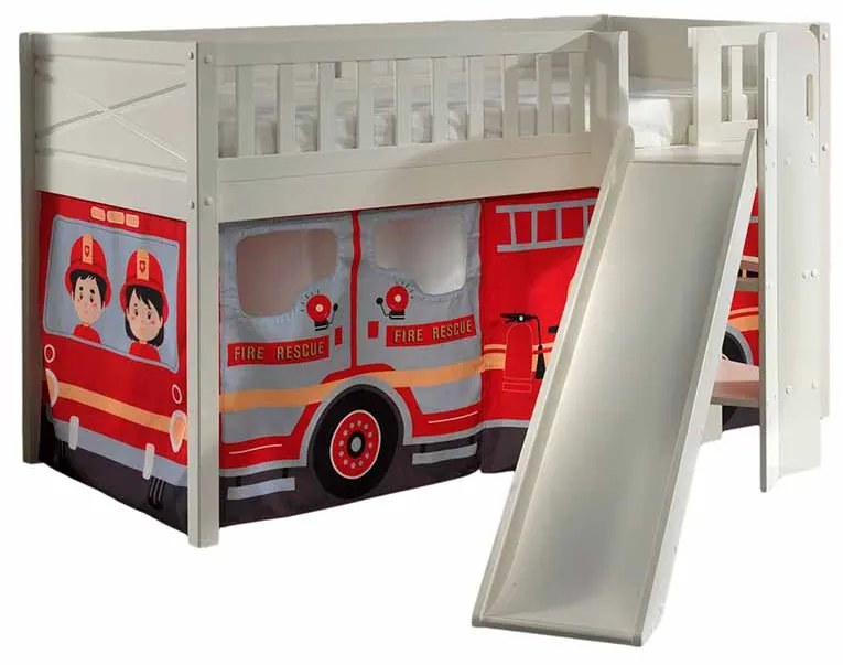 Conjunto cama Infantil SCOTT + escorrega + cortina de brincar Bombeiros Branca