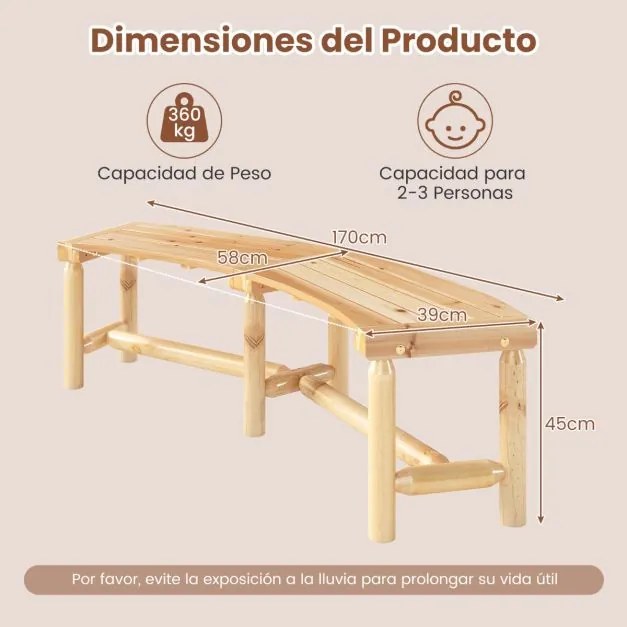 Banco Curvo para Exterior 170 x 58 x 45 cm para 2-3 Pessoas Capacidade de Carga de 360 kg Sem Encosto para Jardim Natural