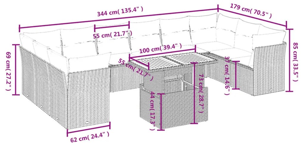 11 pcs conjunto sofás de jardim c/ almofadões vime PE preto