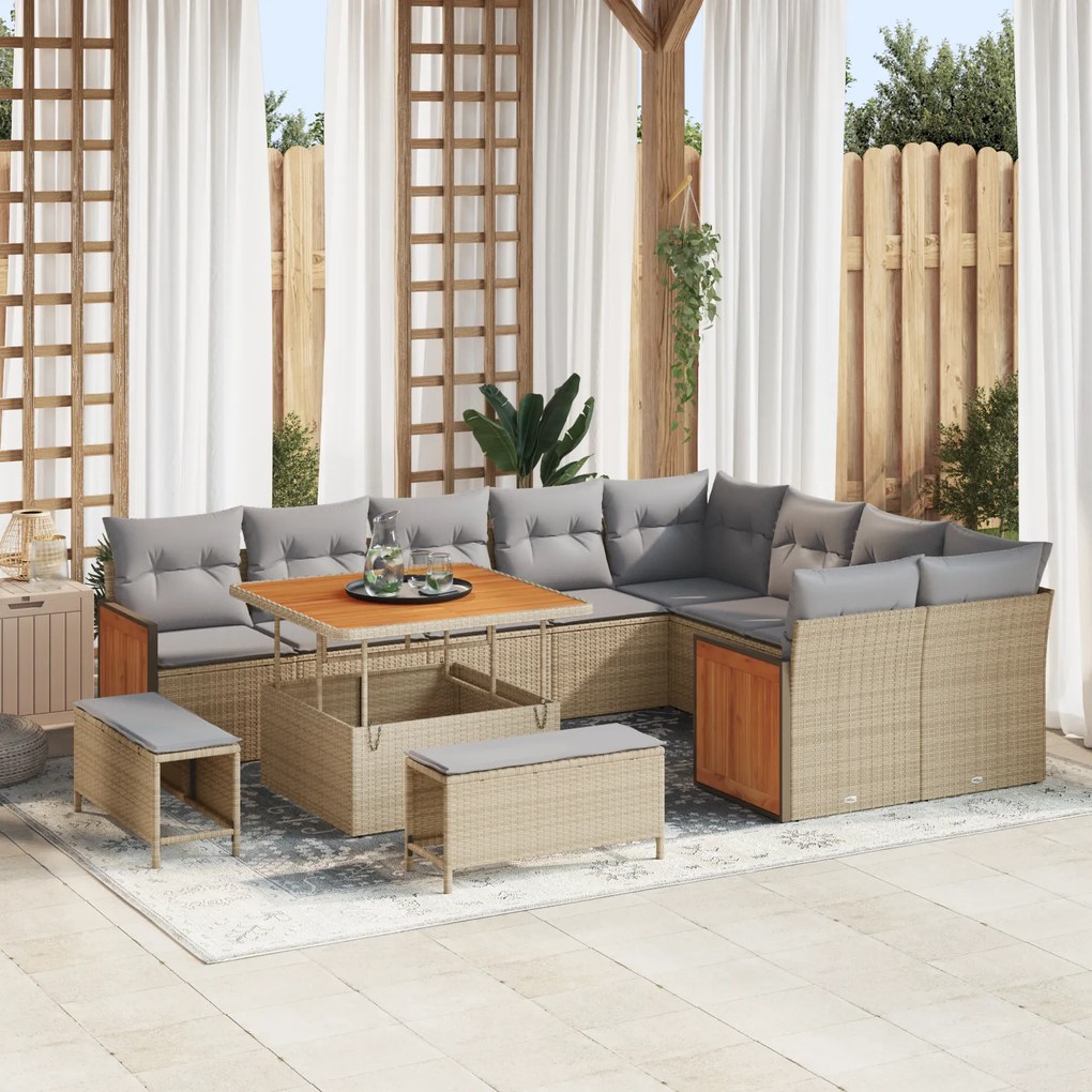 Conjunto de 12 Peças de Sofá de Jardim com Almofadas Bege Rattan Polipropileno Acácia