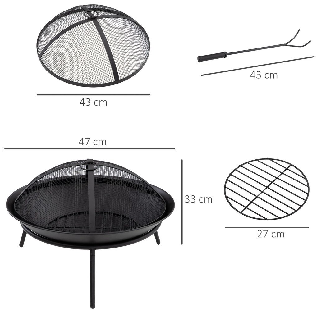 Outsunny Braseiro de Exterior Braseiro de Metal com Tampa Protetora de Faíscas e Atiçador para Varanda Campismo Ar Livre Ø47x33 cm Preto