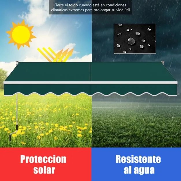 Toldo retrátil 295 x 250 cm com manivela manual para parede Porta Janel Verde
