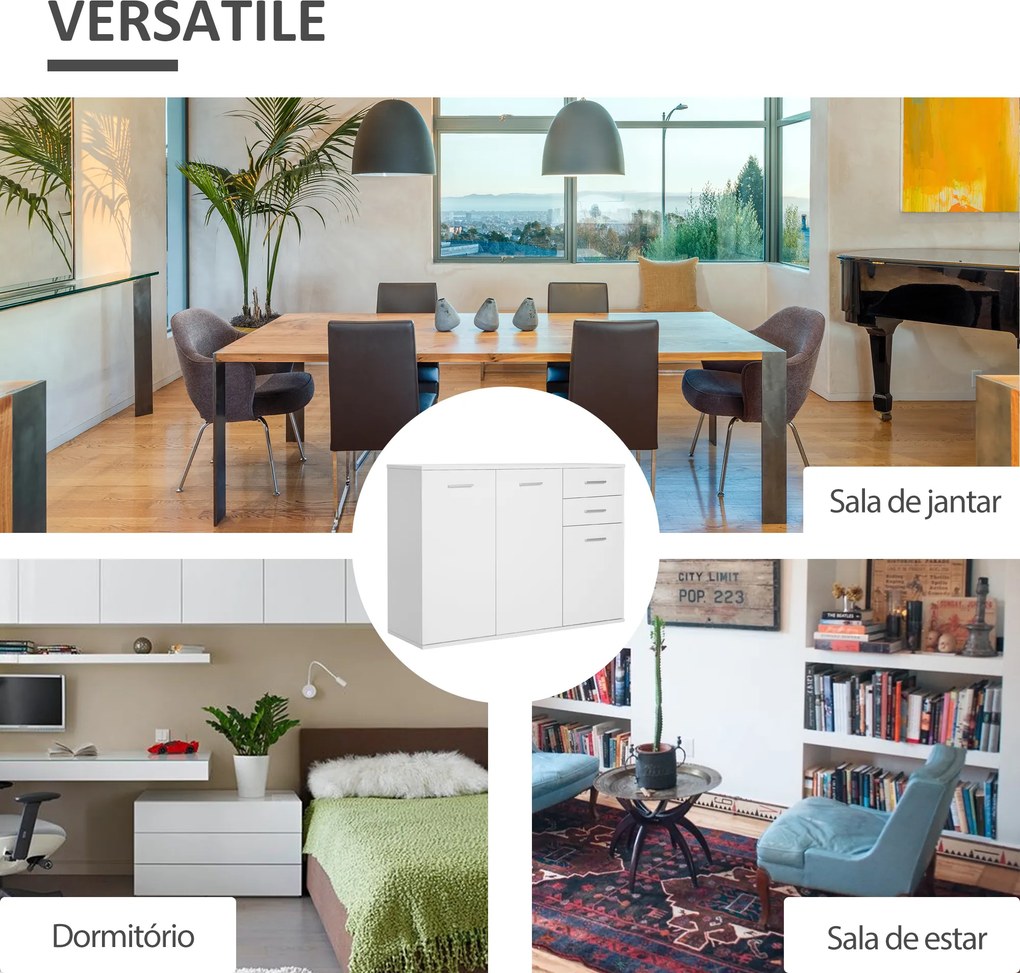 Armário Aparador amplo espaço de Armazenamento para sala de jantar com portas e gavetas 106x35x76cm Branco