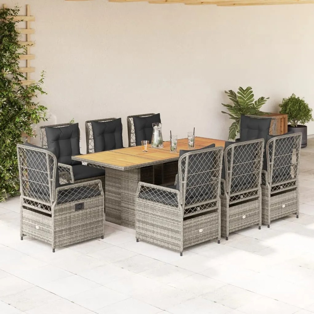 vidaXL 9 pcs conjunto de jantar p/ jardim c/ almofadões vime PE cinza