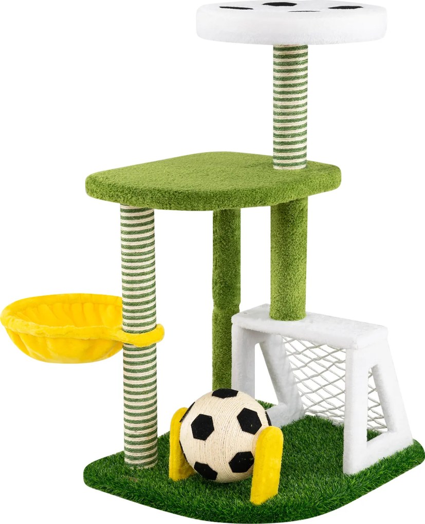 Árvore para Gatos com Design de Futebol, 60 x 50 x 100 cm, Duas Plataformas e Rede de Descanso, Multicolor