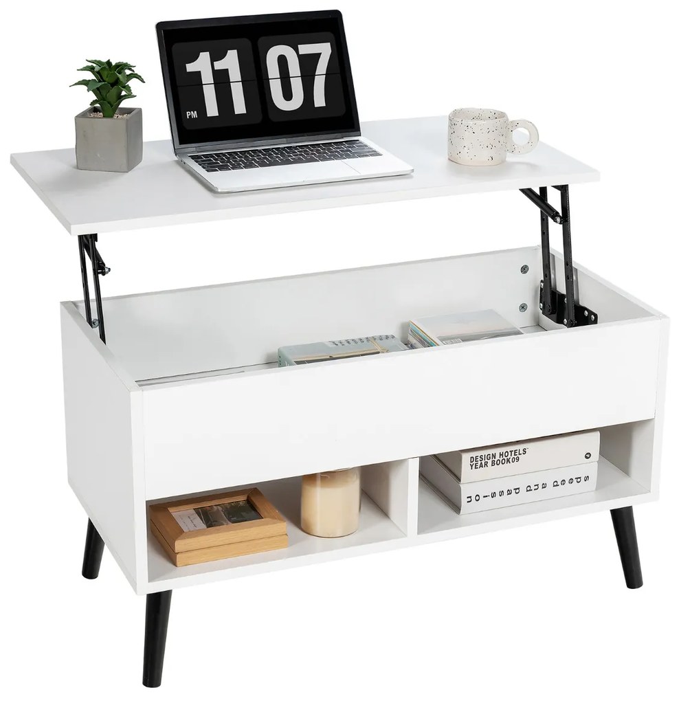 Mesa de centro 80 cm com tampo elevatório com compartimento oculto Mesa de chá para sala de estar Branco