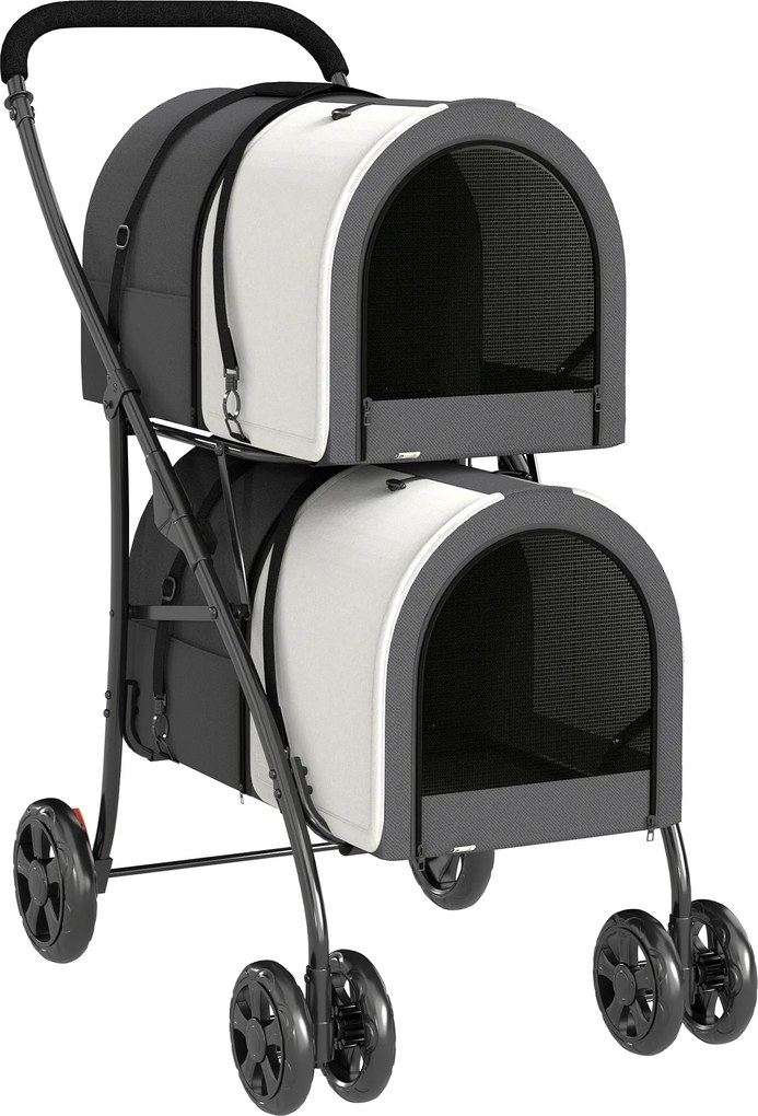PawHut Carrinho Duplo para Cães e Gatos Dobrável com 2 Transportadoras Removíveis com Cinto e Almofadas 66x50x98 cm Cinzento Escuro | Aosom Portugal