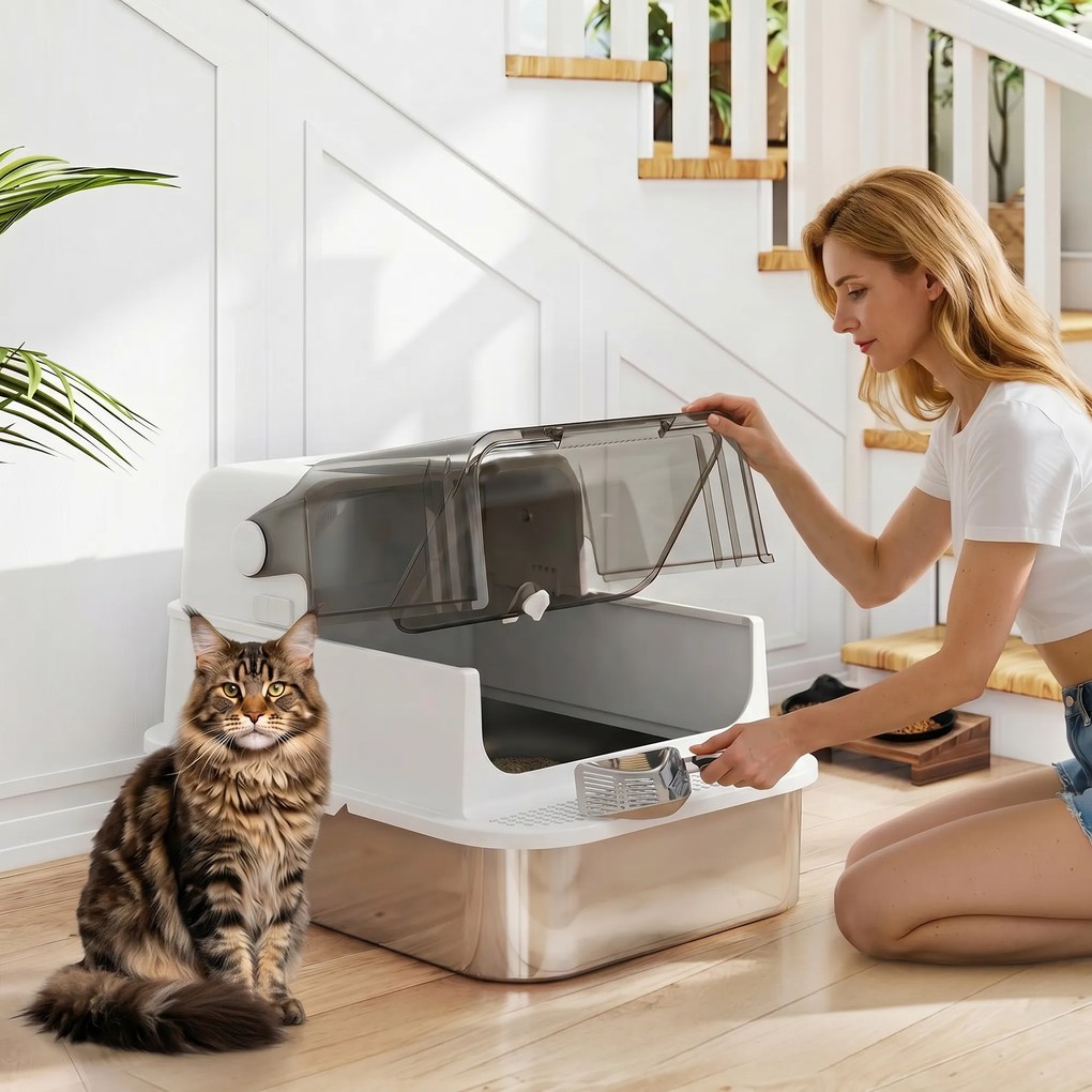 Caixa de Areia para Gatos XXL em Aço Inoxidável com Tampa Basculante, Laterais Altas e Entrada Superior - Branco