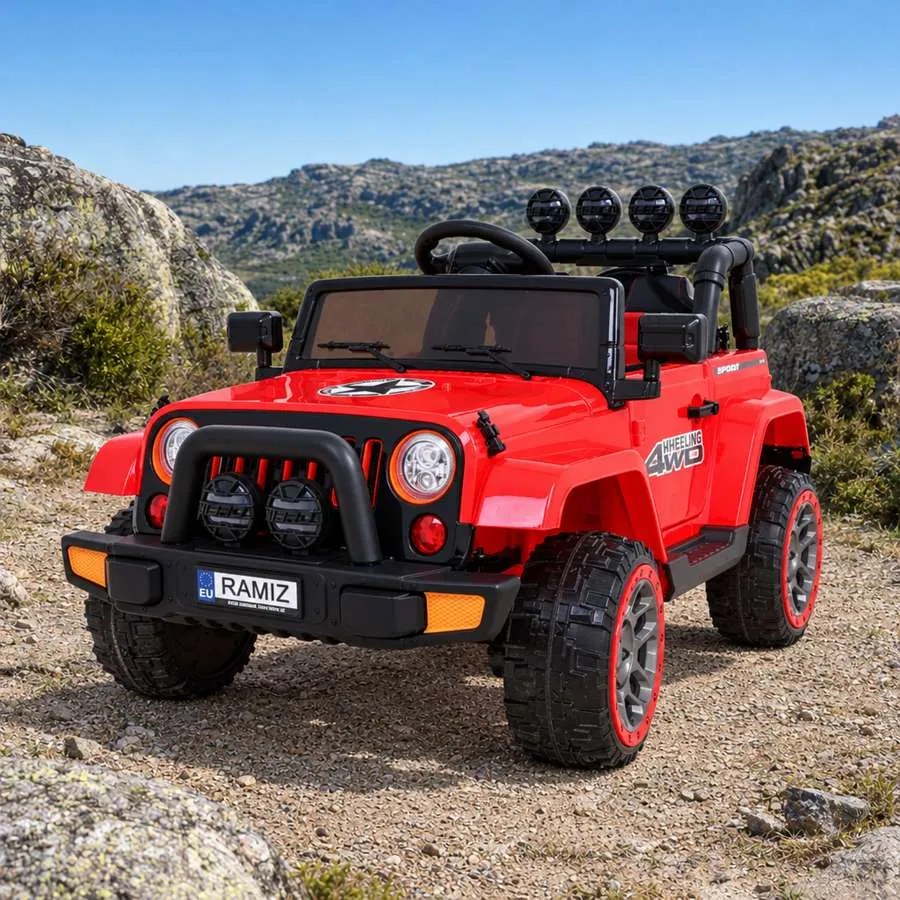 Jipe elétrico para Crianças off-road 12V 4x4, Rodas Espuma EVA, Assento couro ecológico Vermelho